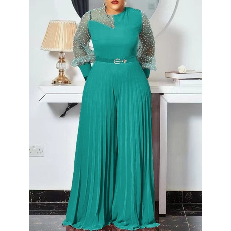 Elegant Pleated Jumpsuit - Casual Elegance - Flattering MID Waist - Full Length Pant - Quality Polyester - Regular Fit - Long Sleeve Pleated Chiffon Jumpsuit - Elevate Your Style!