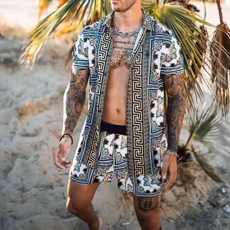 Men's Hawaiian Shirt Set: Casual Floral Print Beach Outfit