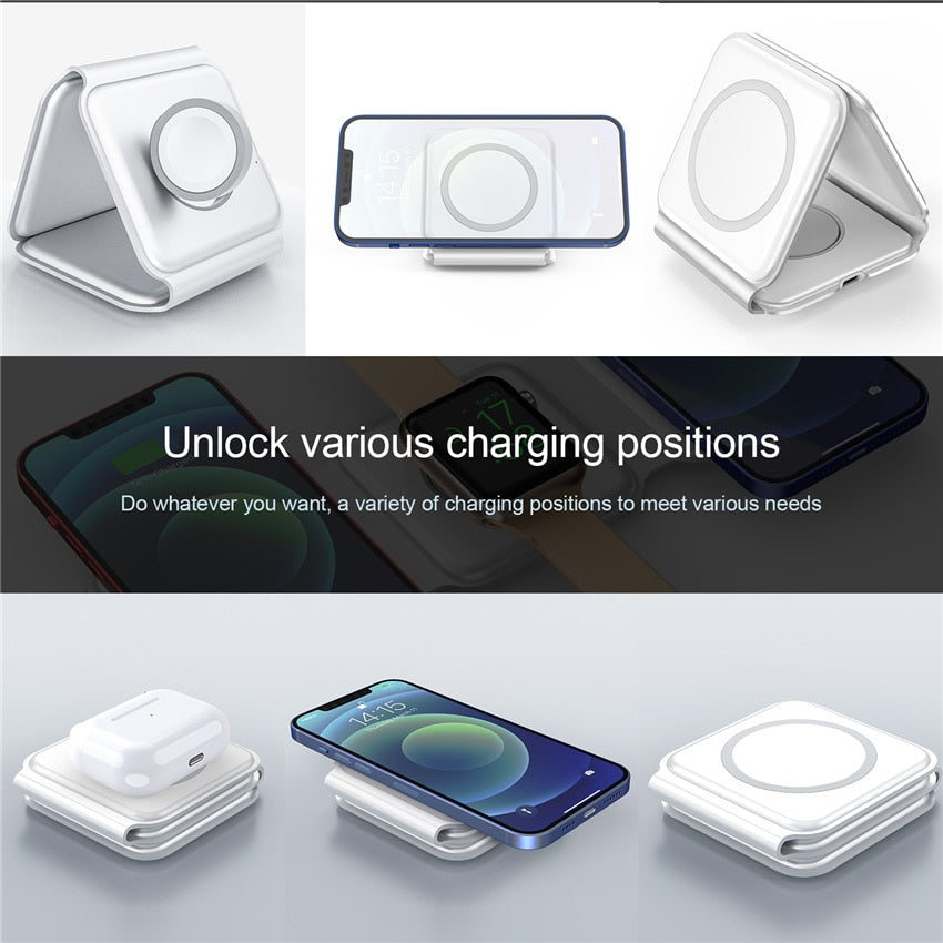 Image of a wireless fast charging station - Compatible with Apple devices, 180° folding design turns into a phone holder. Qi-certified with multiple safety protections for secure charging.