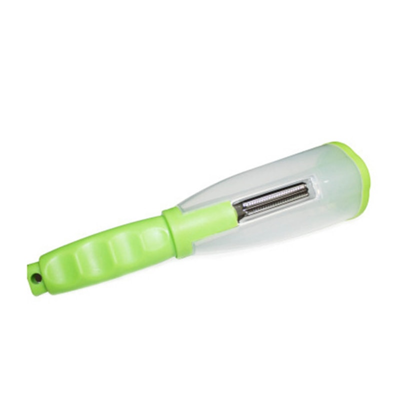 Image of a 3-in-1 veggie peeler - Comfortable handle with silicone thumb grip, clinical-grade stainless steel blades, and a storage box for peeled peels. Ideal kitchen accessory for easy peeling of potatoes, fruits, vegetables, cheese, and chocolate shavings.