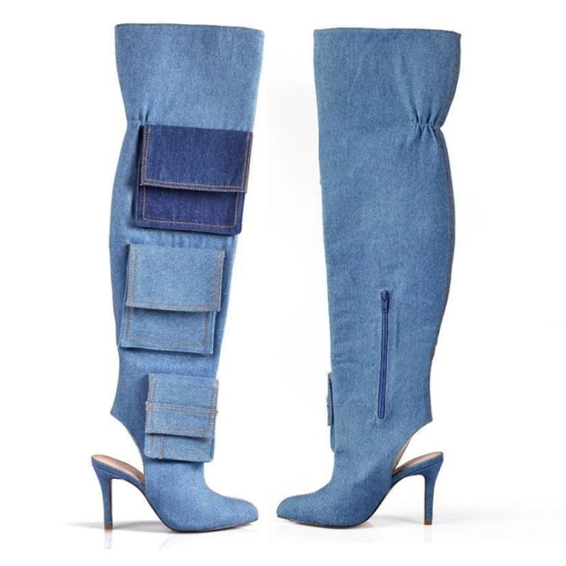 "Denim Knee Boots - Elegance meets Western charm - Handcrafted with premium PU material - Pointed toe with "ELEGANT" design - Super high thin heels - Spring and autumn style - Trendy belt buckle - ZIP closure - Order now!