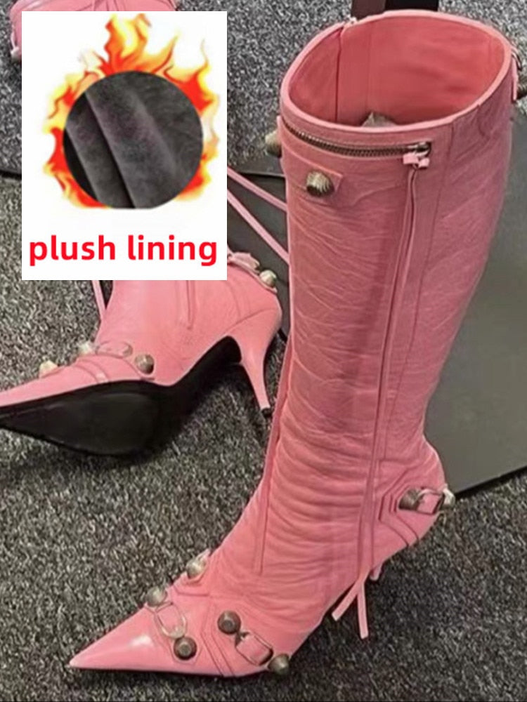 Women's Pointed Toe Boots - Microfiber meets street-style sophistication - Handmade with pointed toe and super high thin heels - Crafted for spring and autumn - Rivet fashion elements - ZIP closure - Order now!