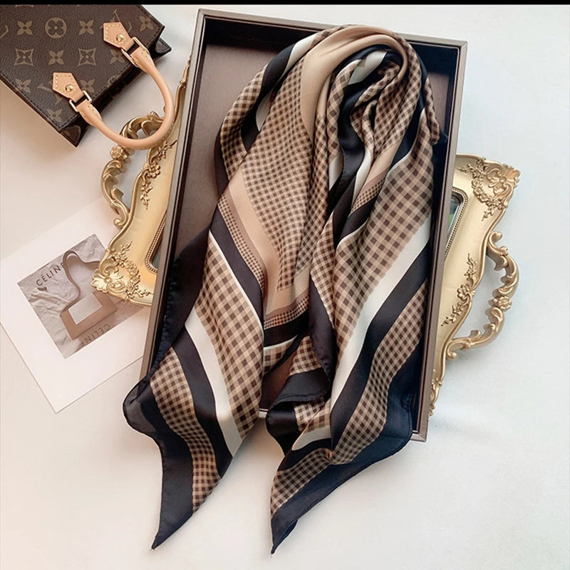 Image of Sophisticated Silk Satin Hijab Scarf, a polyester scarf with sun protection features, measuring 70cm x 70cm, and available in six colors. Perfect for spring and summer outings.