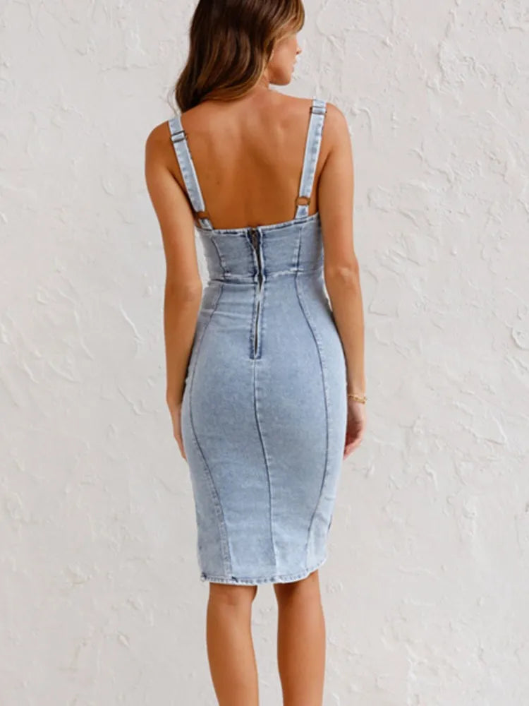 A knee-length Retro Wrap Denim Dress in solid color, featuring spaghetti strap sleeves and a V-neckline. Made from polyester with slight stretch, perfect for spring and summer wear. Slim fit silhouette. Designed for middle-aged women.