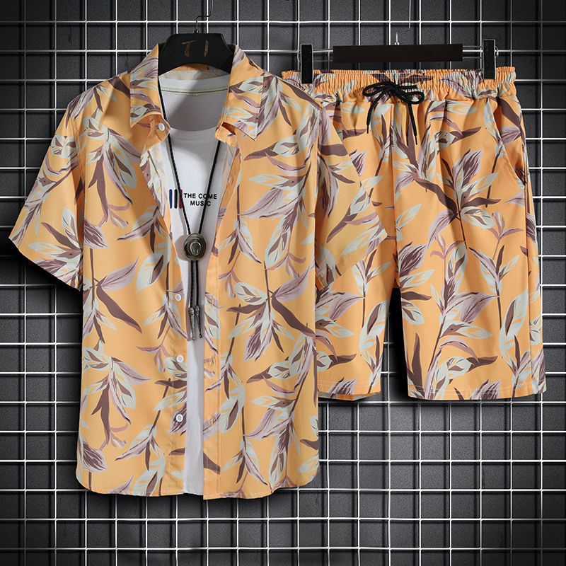 Men's Beachwear Set with Korean and vintage style. Crafted from a cotton polyester blend. Featuring a digital printing pattern, mandarin collar, and single-breasted closure. Perfect for spring and summer. Brand: FEATHER STEP.