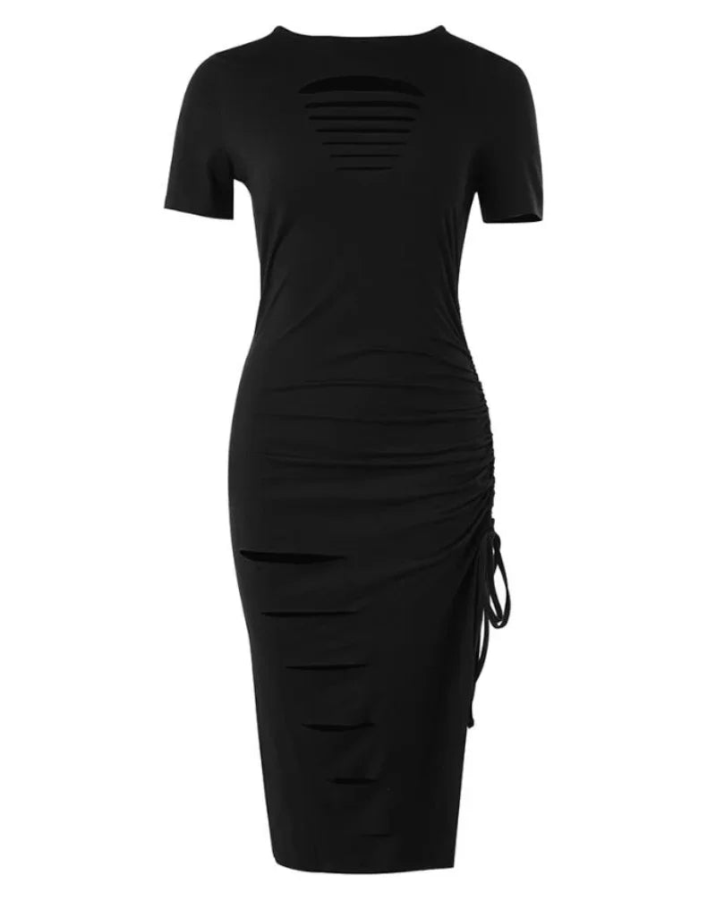 Sexy Cutout Drawstring Ruched High Slit Dress - Knee-length beach-style dress with hollow-out decoration, short sleeves, and high slit, made from slight-stretch polyester fabric. Perfect for summer 2024 fashion.