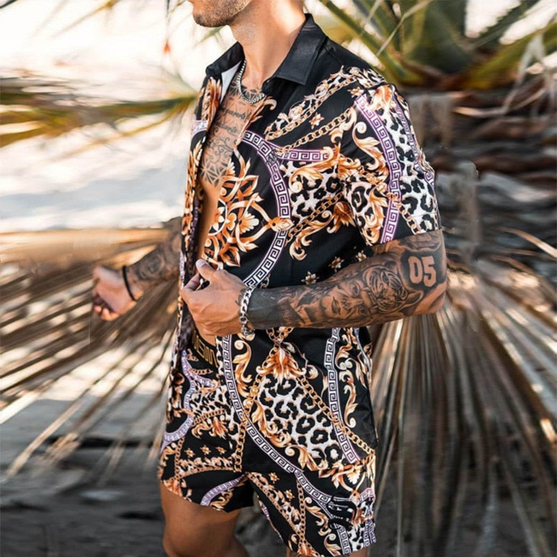 Men's Hawaiian Shirt Set: Casual Floral Print Beach Outfit