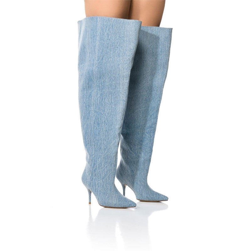 "Denim Knee Boots - Elegance meets Western charm - Handcrafted with premium PU material - Pointed toe with "ELEGANT" design - Super high thin heels - Spring and autumn style - Trendy belt buckle - ZIP closure - Order now!