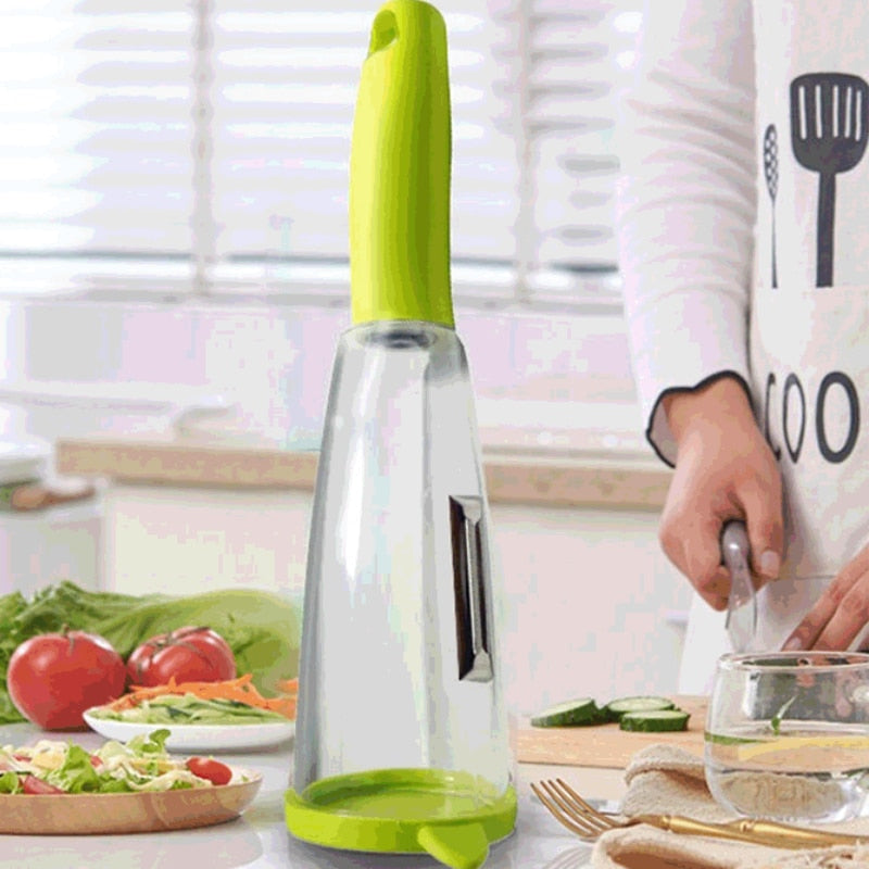 Image of a 3-in-1 veggie peeler - Comfortable handle with silicone thumb grip, clinical-grade stainless steel blades, and a storage box for peeled peels. Ideal kitchen accessory for easy peeling of potatoes, fruits, vegetables, cheese, and chocolate shavings.