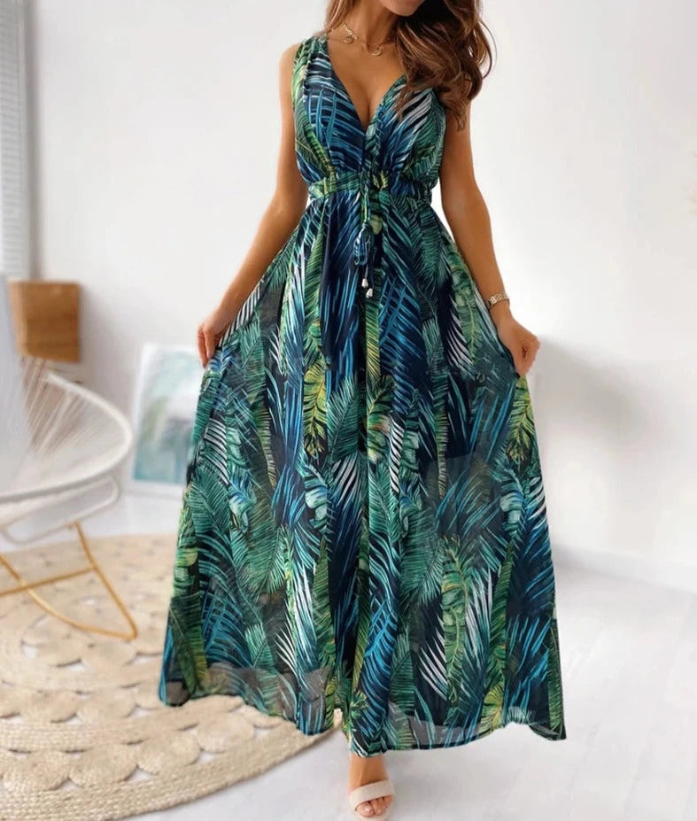 Elegant Open Back Lace A-line Beach Dress - Mid-calf length with V-neckline, sleeveless design, and floral print. Perfect summer attire for women.