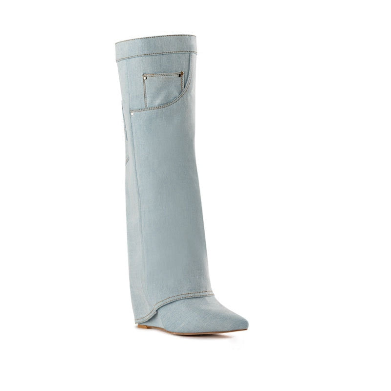 "Denim Knee Boots - Elegance meets Western charm - Handcrafted with premium PU material - Pointed toe with "ELEGANT" design - Super high thin heels - Spring and autumn style - Trendy belt buckle - ZIP closure - Order now!