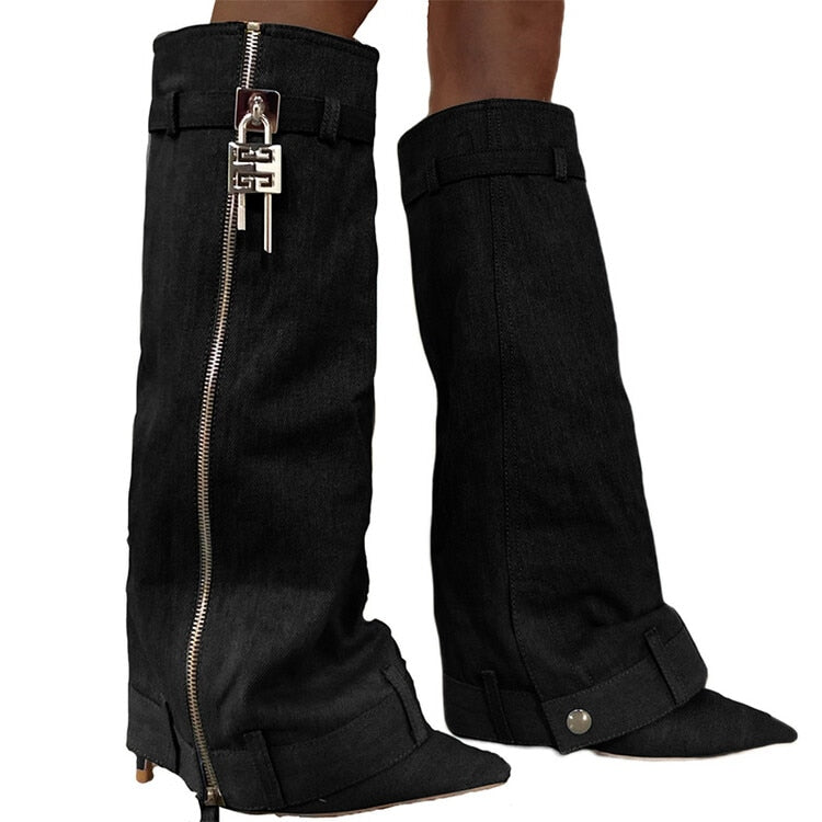 "Denim Knee Boots - Elegance meets Western charm - Handcrafted with premium PU material - Pointed toe with "ELEGANT" design - Super high thin heels - Spring and autumn style - Trendy belt buckle - ZIP closure - Order now!