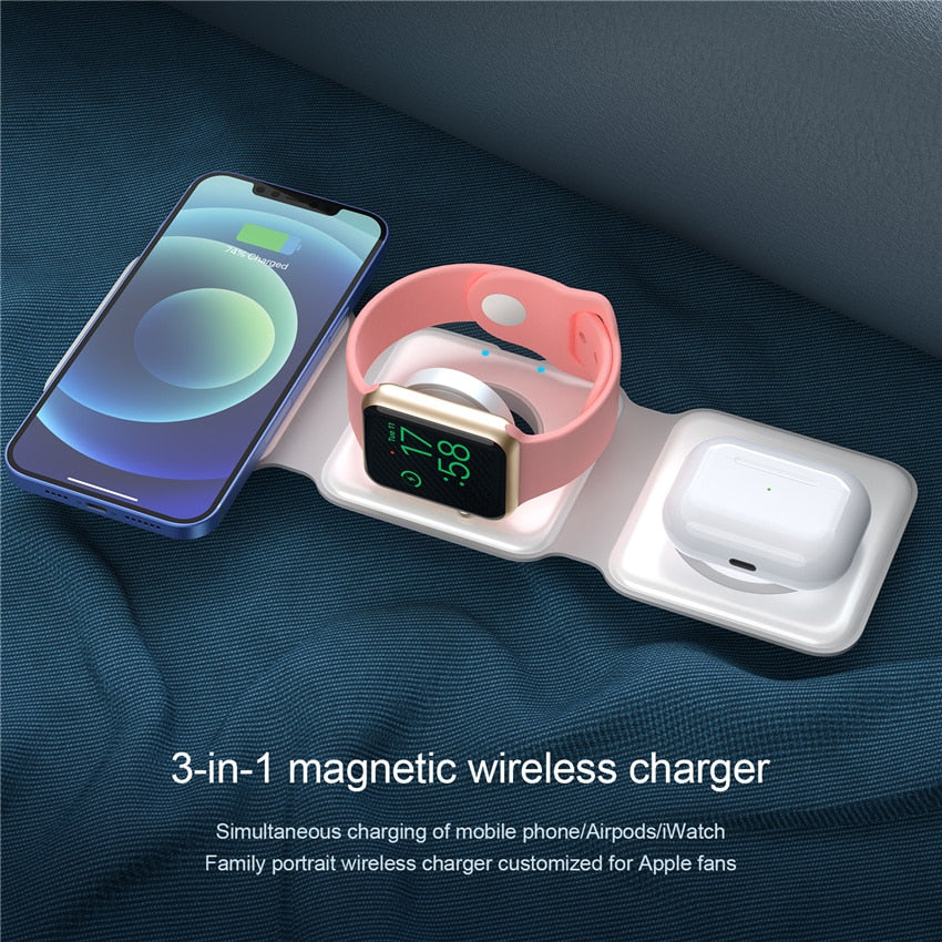 Image of a wireless fast charging station - Compatible with Apple devices, 180° folding design turns into a phone holder. Qi-certified with multiple safety protections for secure charging.