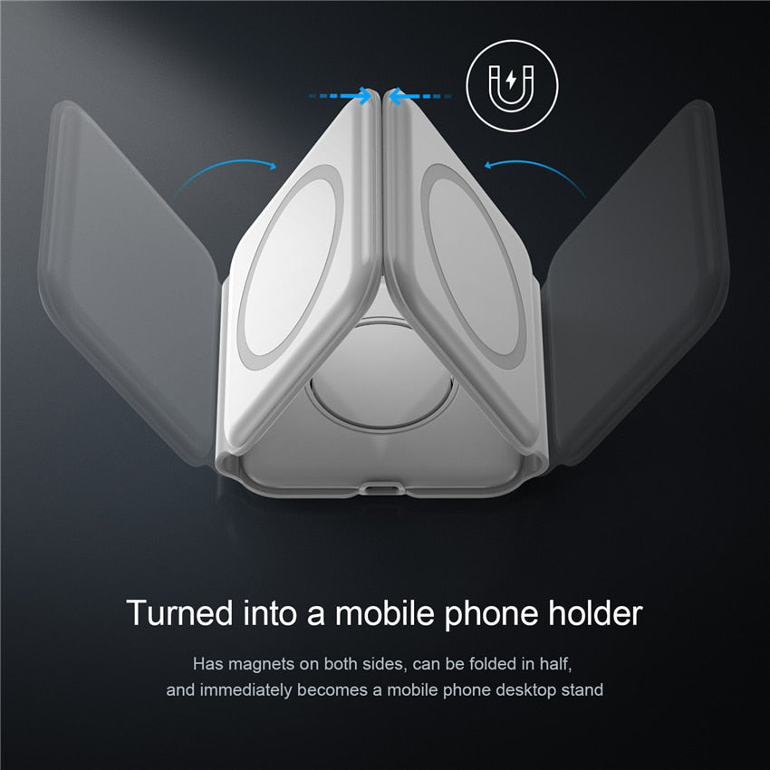 Image of a wireless fast charging station - Compatible with Apple devices, 180° folding design turns into a phone holder. Qi-certified with multiple safety protections for secure charging.