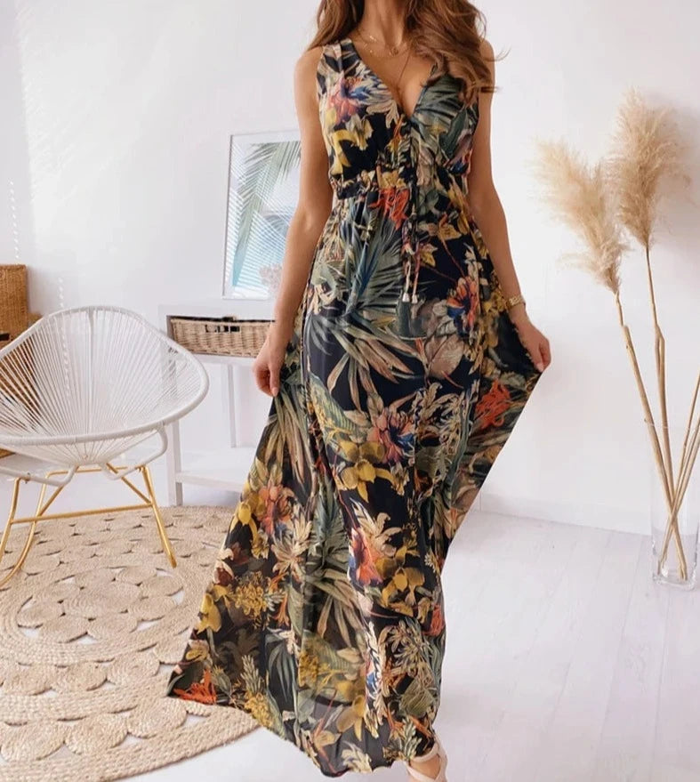 Elegant Open Back Lace A-line Beach Dress - Mid-calf length with V-neckline, sleeveless design, and floral print. Perfect summer attire for women.