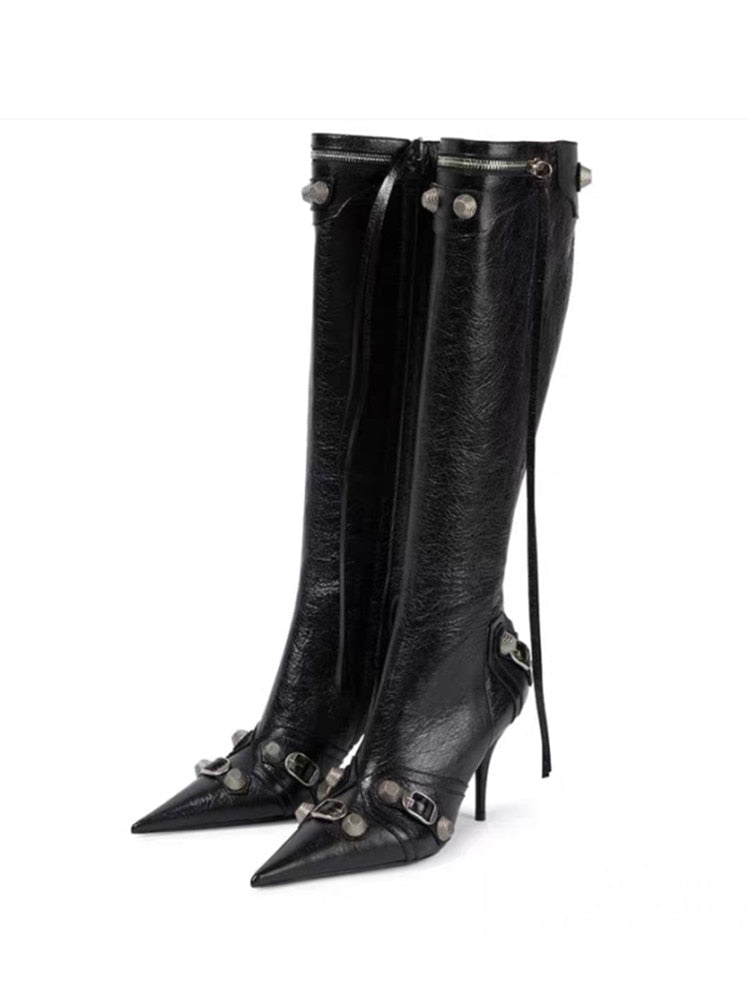 Women's Pointed Toe Boots - Microfiber meets street-style sophistication - Handmade with pointed toe and super high thin heels - Crafted for spring and autumn - Rivet fashion elements - ZIP closure - Order now!