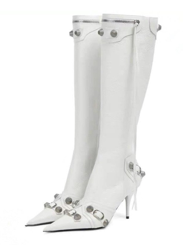 Women's Pointed Toe Boots - Microfiber meets street-style sophistication - Handmade with pointed toe and super high thin heels - Crafted for spring and autumn - Rivet fashion elements - ZIP closure - Order now!