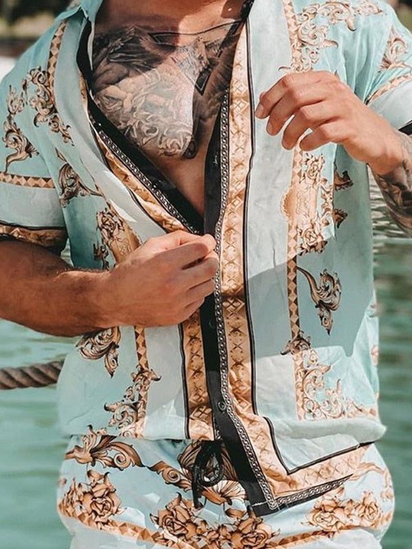 Men's Hawaiian Shirt Set: Casual Floral Print Beach Outfit