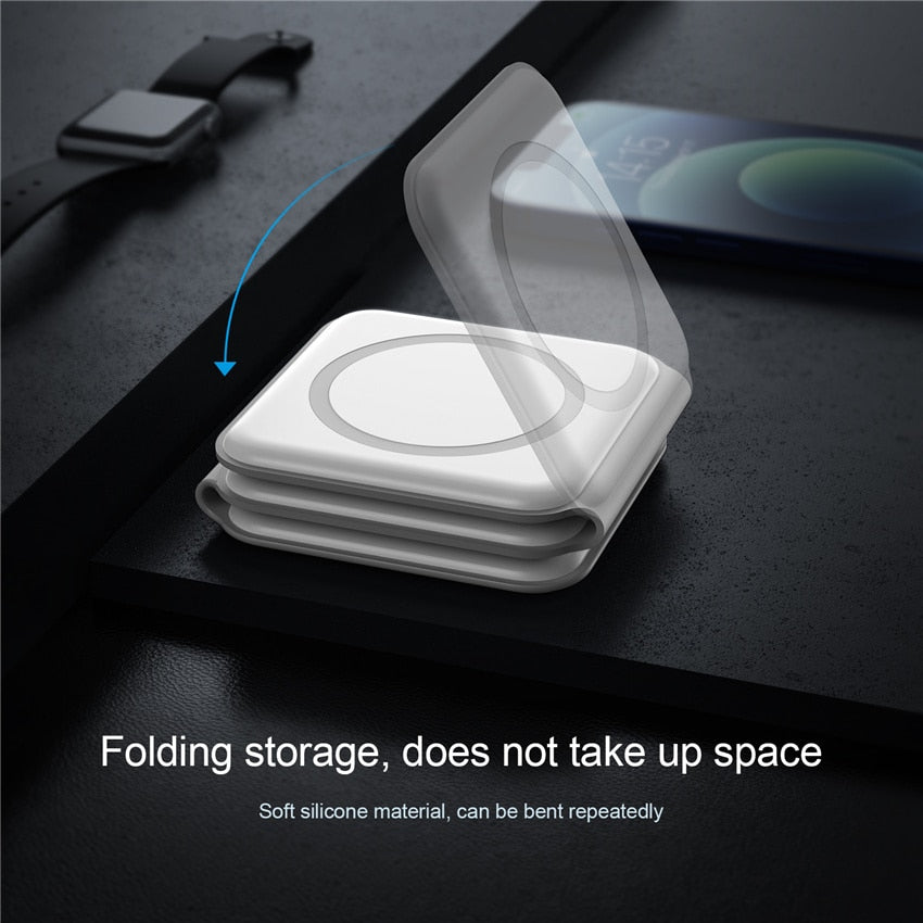 Image of a wireless fast charging station - Compatible with Apple devices, 180° folding design turns into a phone holder. Qi-certified with multiple safety protections for secure charging.