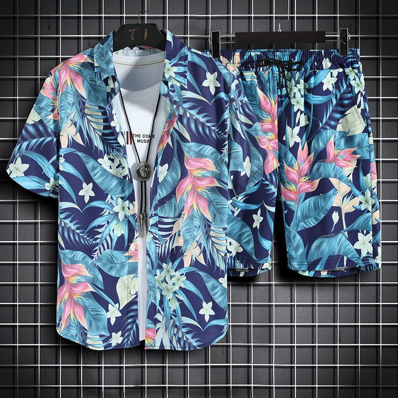 Men's Beachwear Set with Korean and vintage style. Crafted from a cotton polyester blend. Featuring a digital printing pattern, mandarin collar, and single-breasted closure. Perfect for spring and summer. Brand: FEATHER STEP.