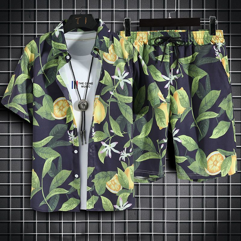 Men's Beachwear Set with Korean and vintage style. Crafted from a cotton polyester blend. Featuring a digital printing pattern, mandarin collar, and single-breasted closure. Perfect for spring and summer. Brand: FEATHER STEP.