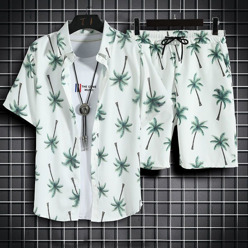 Men's Beachwear Set with Korean and vintage style. Crafted from a cotton polyester blend. Featuring a digital printing pattern, mandarin collar, and single-breasted closure. Perfect for spring and summer. Brand: FEATHER STEP.