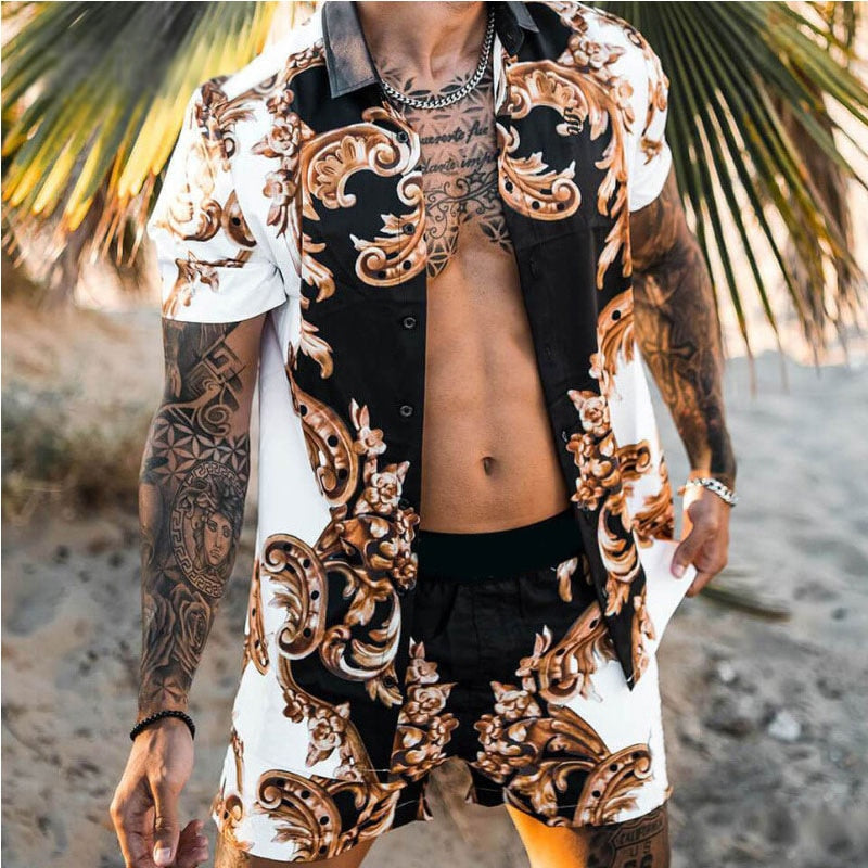 Beach Short Sleeve Shirt Set for men with floral print, short sleeves, and elastic waist pant closure. Made from 100% polyester. Perfect for beach outings.