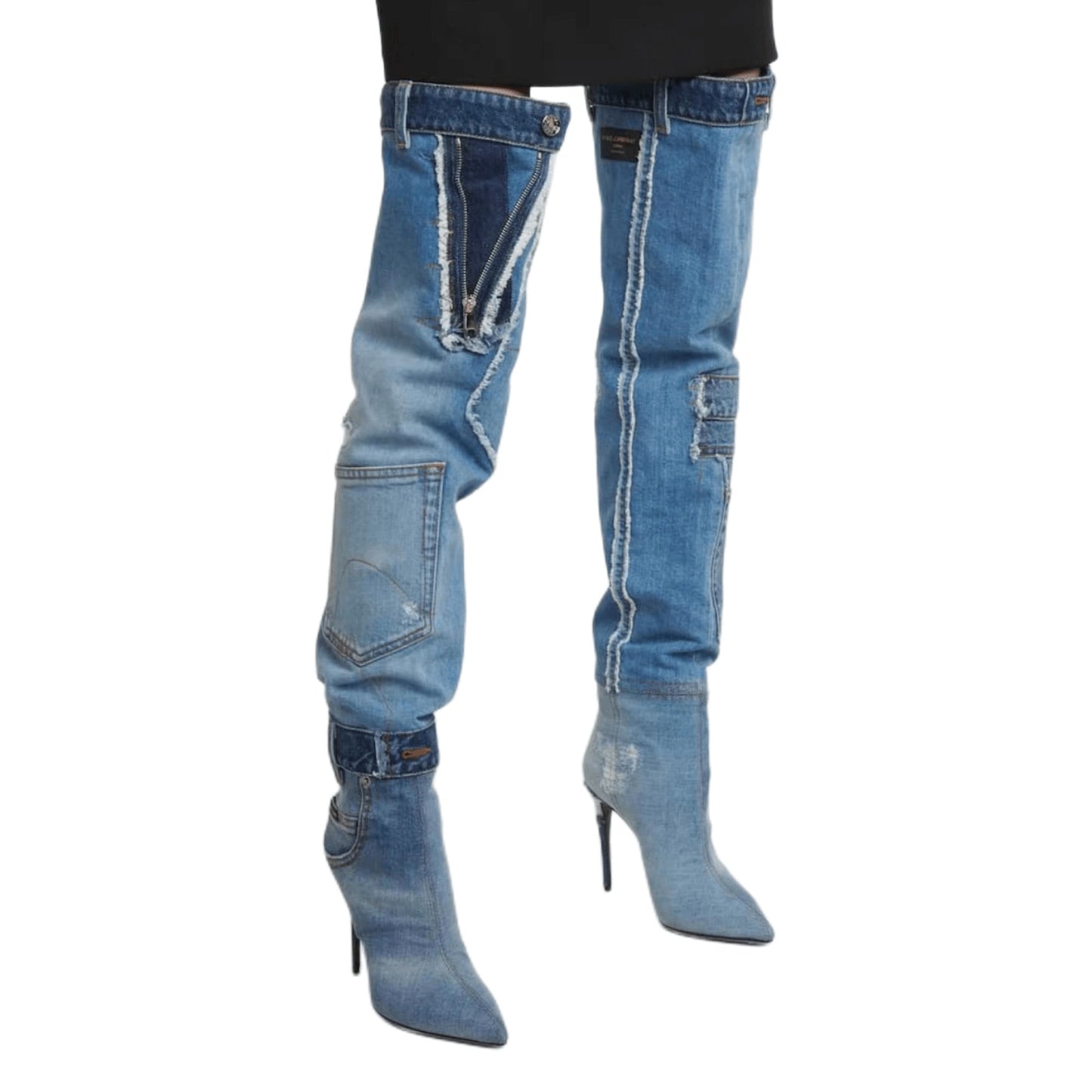 "Denim Knee Boots - Elegance meets Western charm - Handcrafted with premium PU material - Pointed toe with "ELEGANT" design - Super high thin heels - Spring and autumn style - Trendy belt buckle - ZIP closure - Order now!