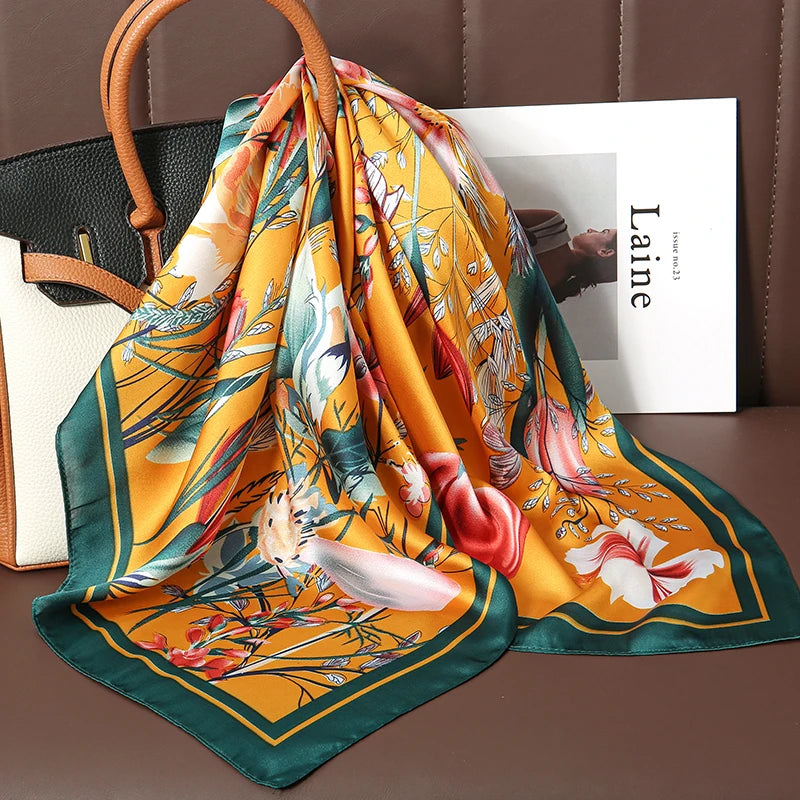 Image of Sophisticated Silk Satin Hijab Scarf, a polyester scarf with sun protection features, measuring 70cm x 70cm, and available in six colors. Perfect for spring and summer outings.