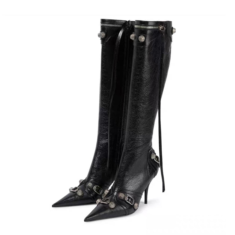 Women's Pointed Toe Boots - Microfiber meets street-style sophistication - Handmade with pointed toe and super high thin heels - Crafted for spring and autumn - Rivet fashion elements - ZIP closure - Order now!