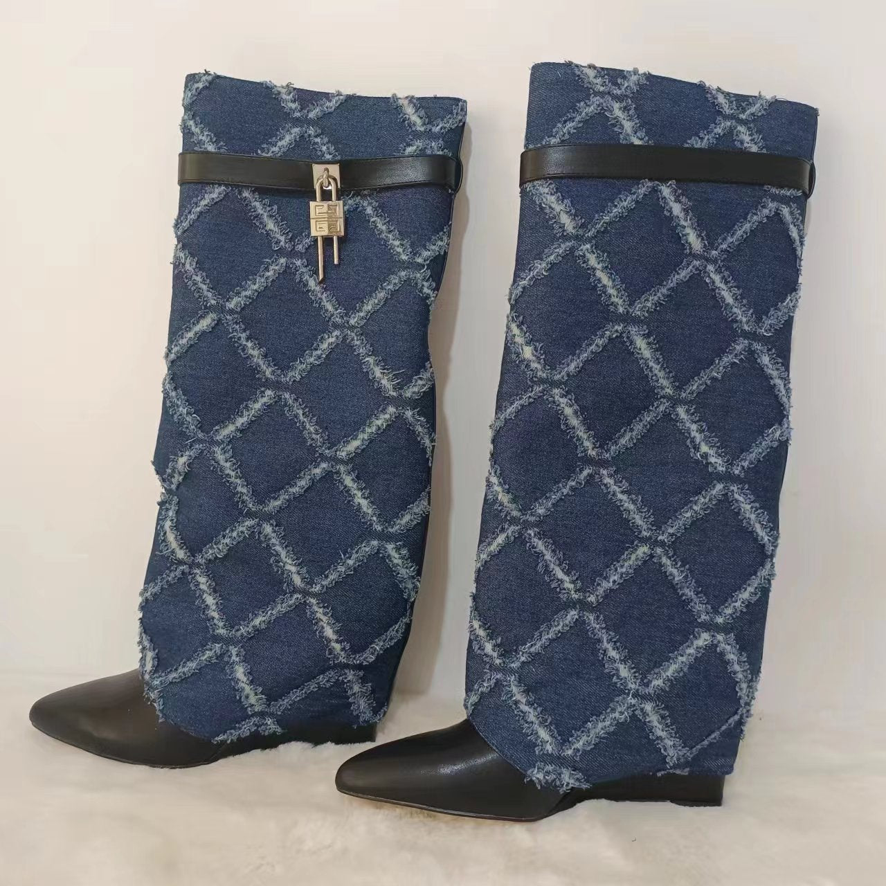 "Denim Knee Boots - Elegance meets Western charm - Handcrafted with premium PU material - Pointed toe with "ELEGANT" design - Super high thin heels - Spring and autumn style - Trendy belt buckle - ZIP closure - Order now!