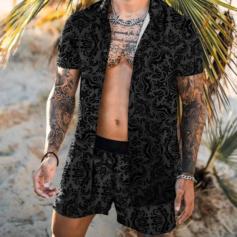 Beach Short Sleeve Shirt Set for men with floral print, short sleeves, and elastic waist pant closure. Made from 100% polyester. Perfect for beach outings.