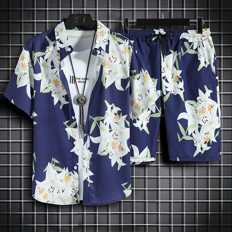 Men's Beachwear Set with Korean and vintage style. Crafted from a cotton polyester blend. Featuring a digital printing pattern, mandarin collar, and single-breasted closure. Perfect for spring and summer. Brand: FEATHER STEP.