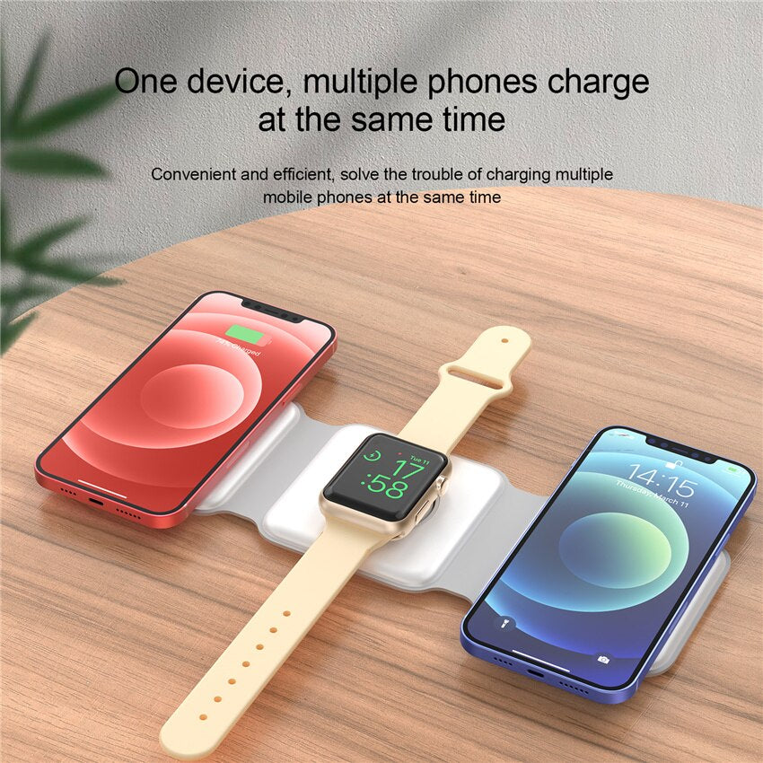 Image of a wireless fast charging station - Compatible with Apple devices, 180° folding design turns into a phone holder. Qi-certified with multiple safety protections for secure charging.