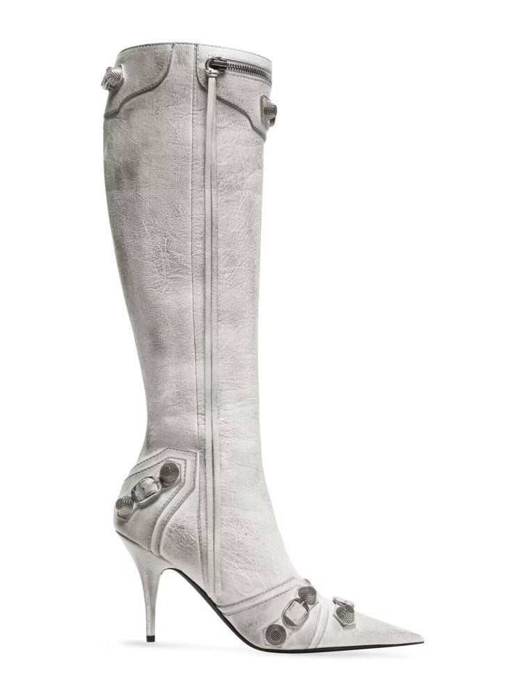 Women's Pointed Toe Boots - Microfiber meets street-style sophistication - Handmade with pointed toe and super high thin heels - Crafted for spring and autumn - Rivet fashion elements - ZIP closure - Order now!