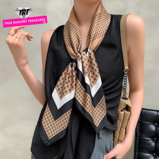 Image of Sophisticated Silk Satin Hijab Scarf, a polyester scarf with sun protection features, measuring 70cm x 70cm, and available in six colors. Perfect for spring and summer outings.