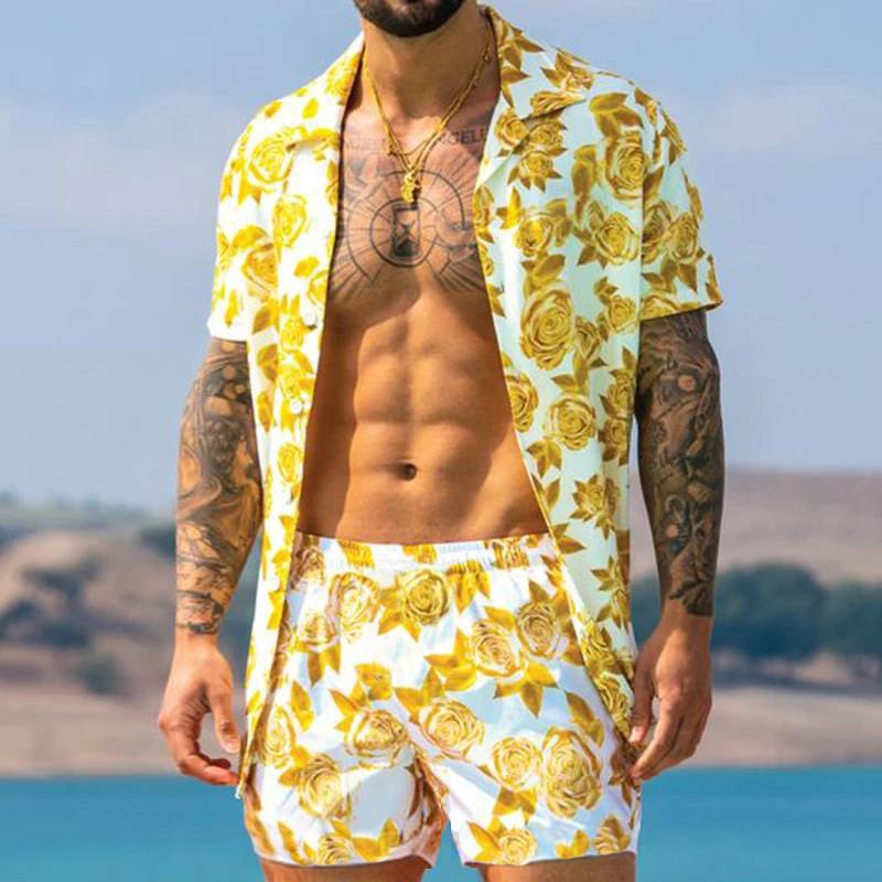 Men's Hawaiian Shirt Set: Casual Floral Print Beach Outfit