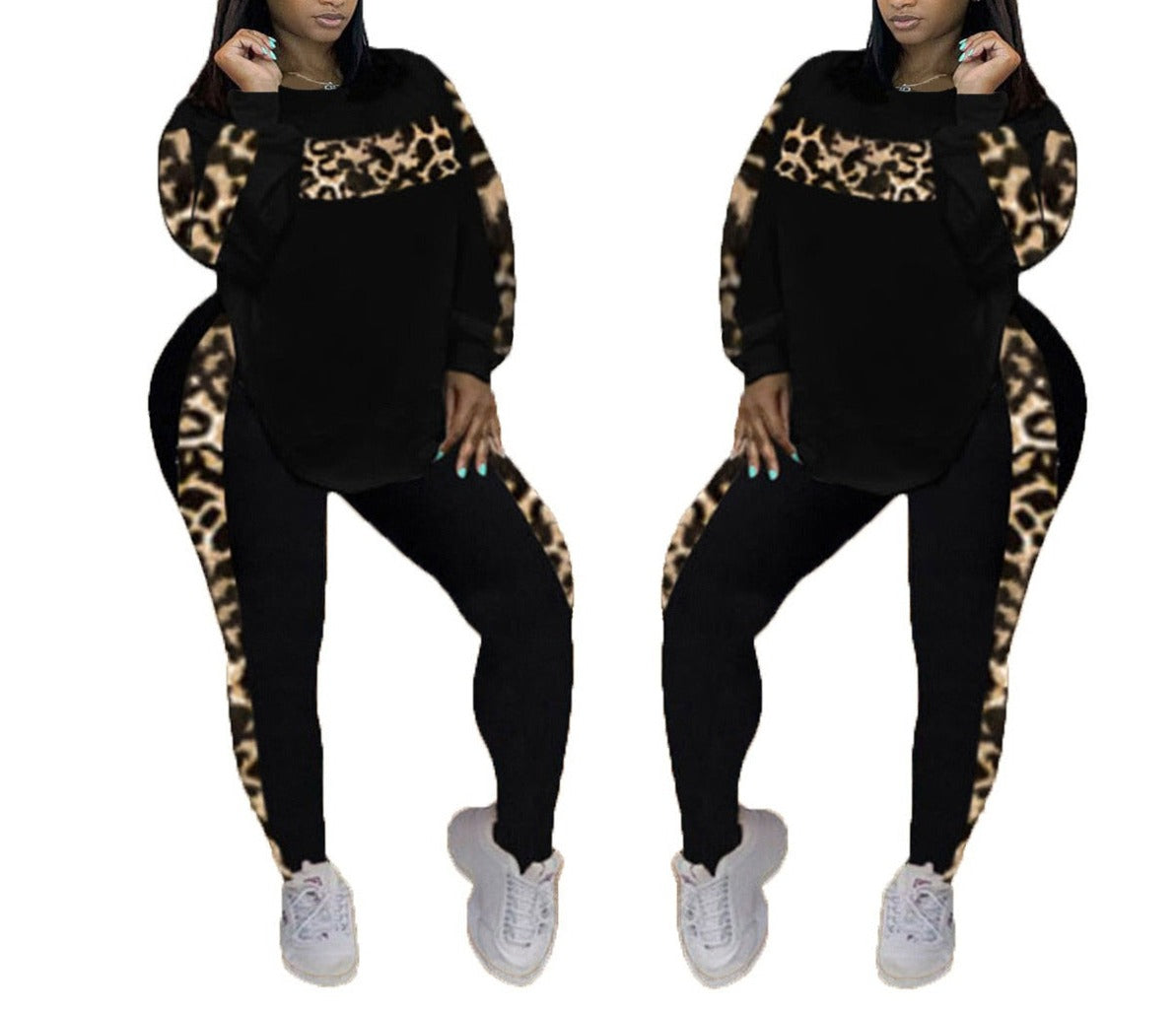 2-Piece Leopard Pants Set - Casual Elegance - Premium Polyester - Regular Fit - Medium Stretch - O-Neck Collar - Plus Size Casual Long Sleeve Two Piece Set - Elevate Your Wardrobe!