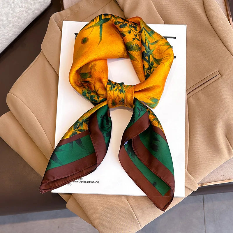 Image of Sophisticated Silk Satin Hijab Scarf, a polyester scarf with sun protection features, measuring 70cm x 70cm, and available in six colors. Perfect for spring and summer outings.