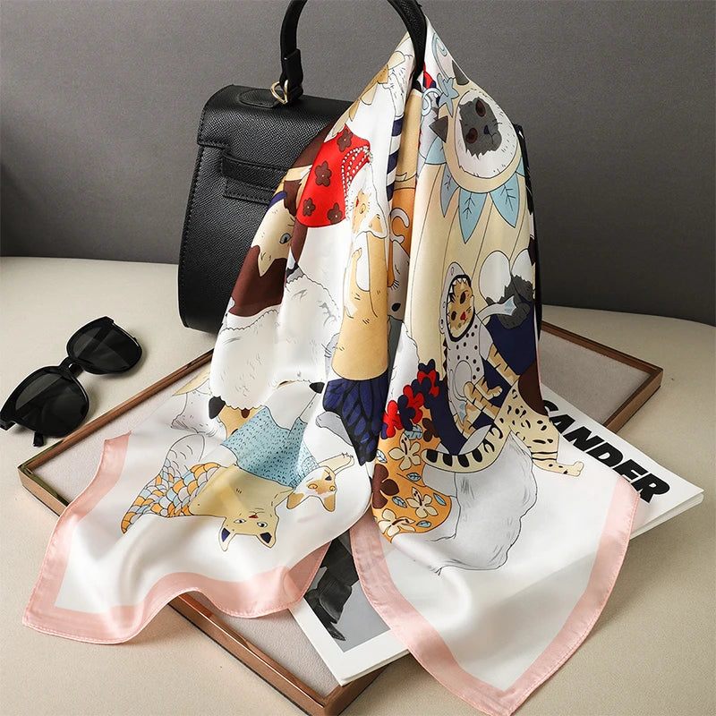 Image of Sophisticated Silk Satin Hijab Scarf, a polyester scarf with sun protection features, measuring 70cm x 70cm, and available in six colors. Perfect for spring and summer outings.