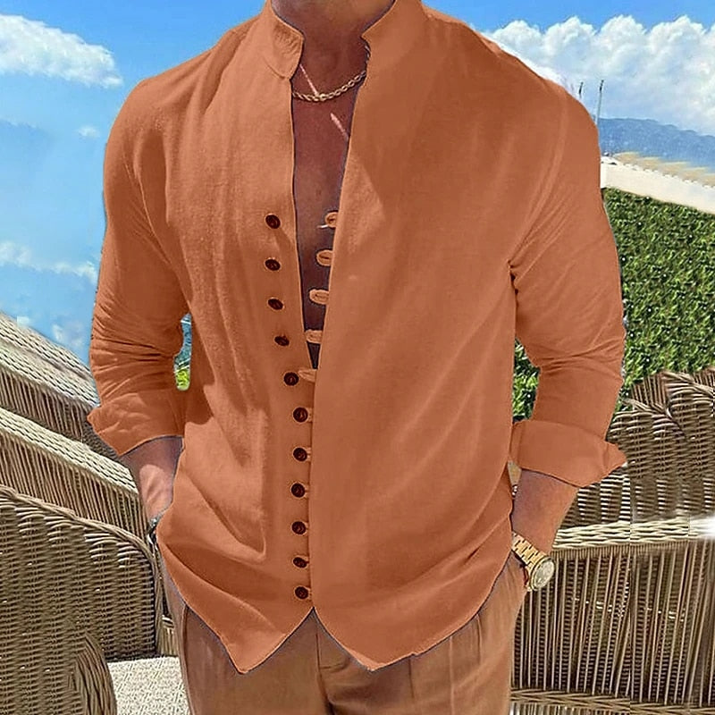 Men's Long-Sleeved Stand-Up Collar Shirt in linen and satin, perfect for punk-inspired style in spring and autumn. Turn-down collar and single-breasted closure.