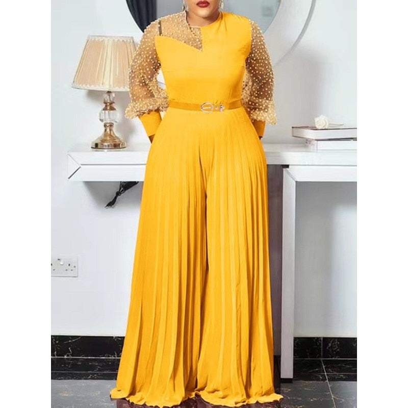 Elegant Pleated Jumpsuit - Casual Elegance - Flattering MID Waist - Full Length Pant - Quality Polyester - Regular Fit - Long Sleeve Pleated Chiffon Jumpsuit - Elevate Your Style!