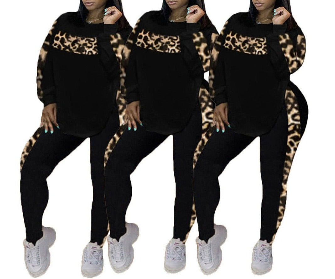 2-Piece Leopard Pants Set - Casual Elegance - Premium Polyester - Regular Fit - Medium Stretch - O-Neck Collar - Plus Size Casual Long Sleeve Two Piece Set - Elevate Your Wardrobe!