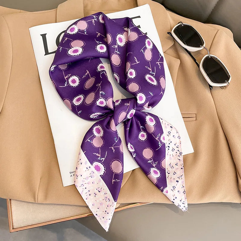 Image of Sophisticated Silk Satin Hijab Scarf, a polyester scarf with sun protection features, measuring 70cm x 70cm, and available in six colors. Perfect for spring and summer outings.