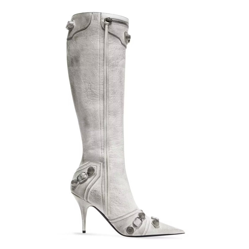 Women's Pointed Toe Boots - Microfiber meets street-style sophistication - Handmade with pointed toe and super high thin heels - Crafted for spring and autumn - Rivet fashion elements - ZIP closure - Order now!