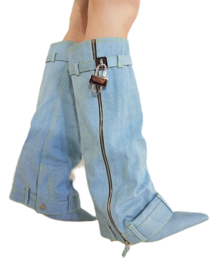 "Denim Knee Boots - Elegance meets Western charm - Handcrafted with premium PU material - Pointed toe with "ELEGANT" design - Super high thin heels - Spring and autumn style - Trendy belt buckle - ZIP closure - Order now!