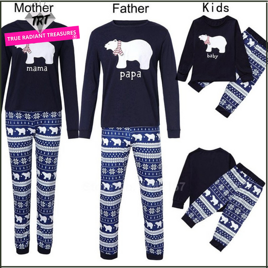 Family Matching Bear Pajama Set - Black Long Sleeve Shirt and Printed Blue, White, and Black Pajamas for Mama, Papa, and Baby Bear