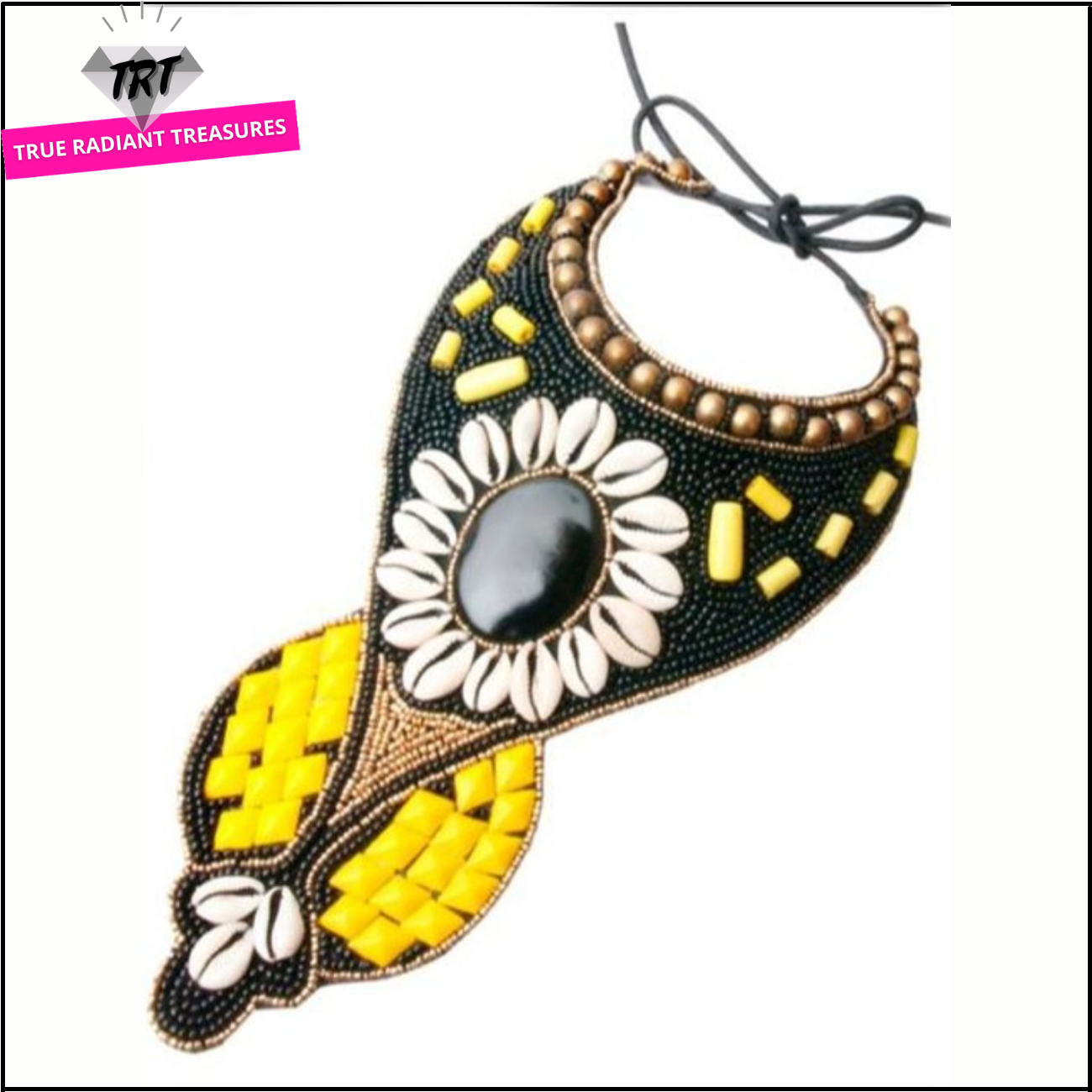 Black and yellow flower design statement necklace, perfect for any occasion. Browse our collection of necklaces and earrings at TRT Accessories.