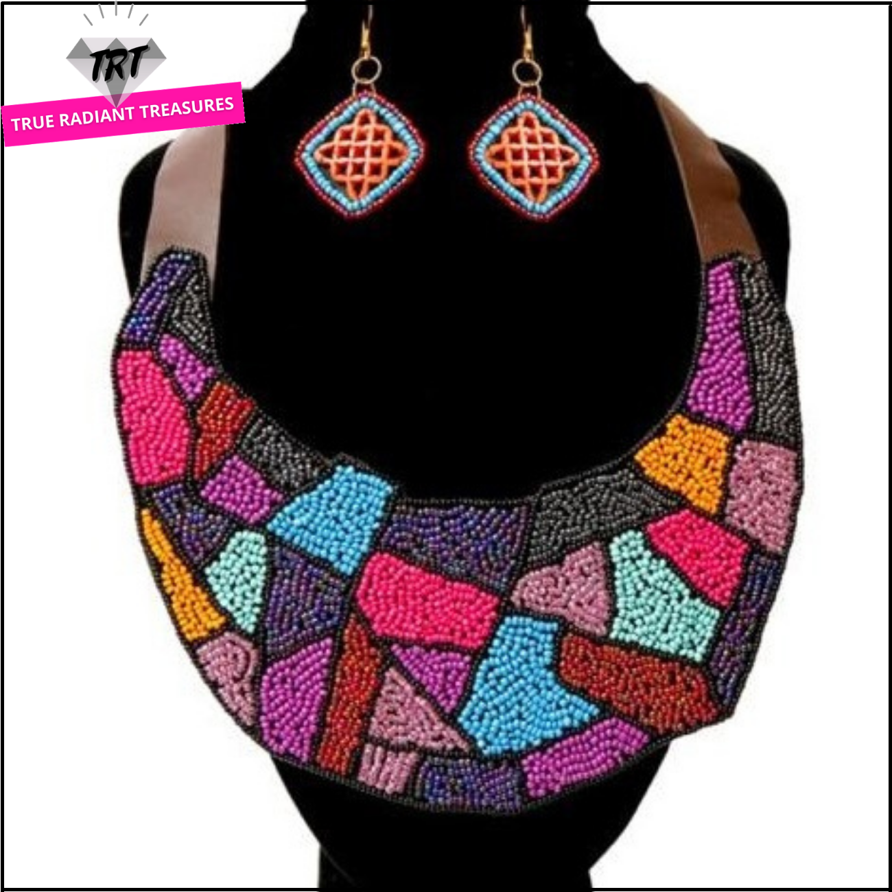 Purple and blue statement necklace with matching earrings. Perfect accessory for a plain-colored dress or shirt to give it an accent color. Shop TRT Accessories Collection for more stylish jewelry.