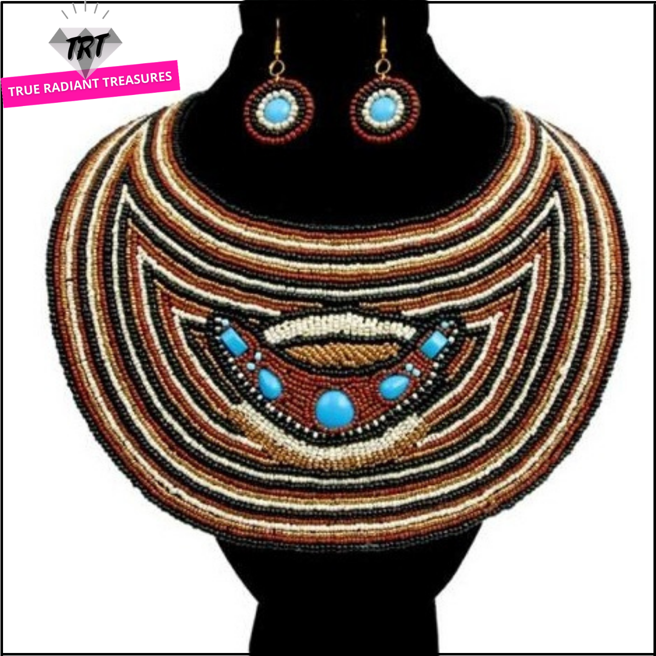 Blue, white, and red patterned statement necklace and earrings set from TRT Accessories Collection. Perfect for parties and special occasions.